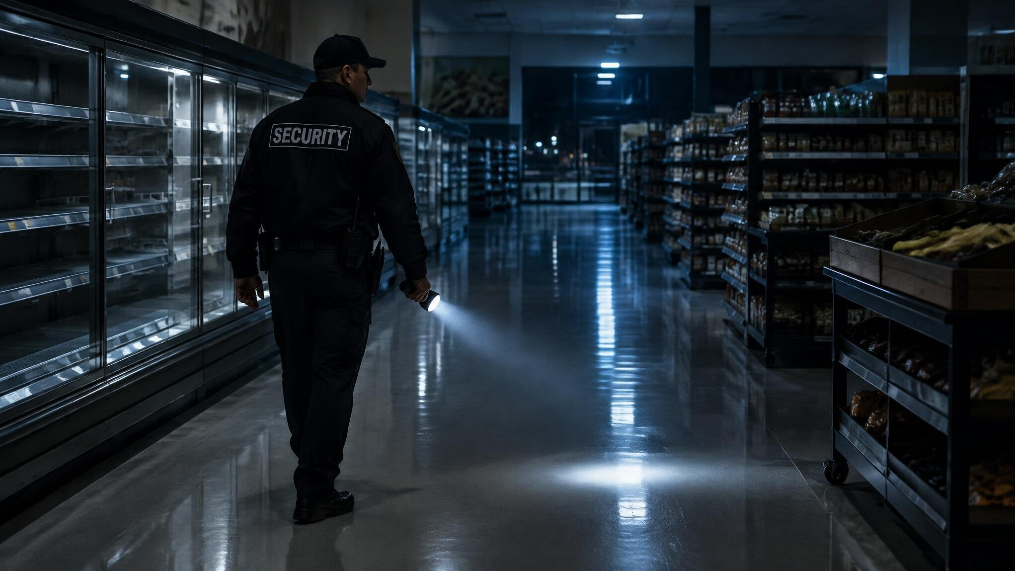 store detective patrolling empty supermarket at night